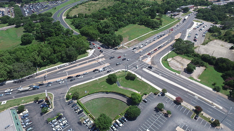 aerial view of large road intersection
