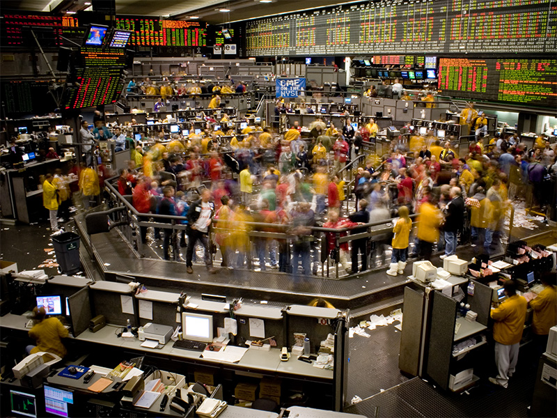 NY stock exchange floor in a flurry of activity