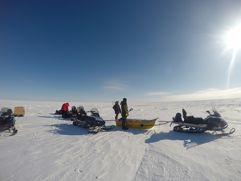 group of snowmobiles and people on snowy plain