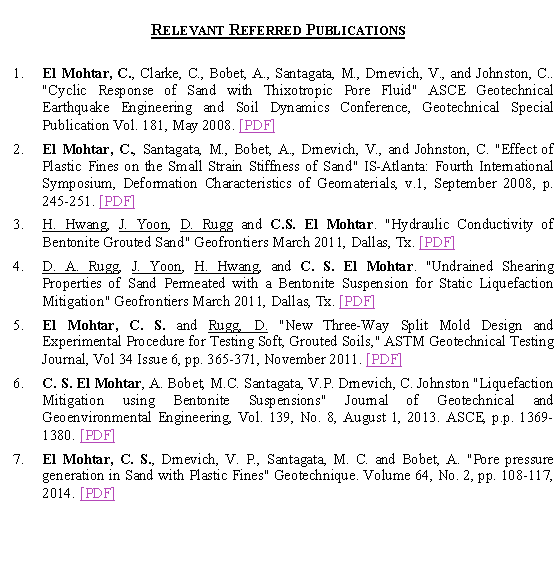 Text Box: Relevant Referred PublicationsEl Mohtar, C., Clarke, C., Bobet, A., Santagata, M., Drnevich, V., and Johnston, C.. "Cyclic Response of Sand with Thixotropic Pore Fluid" ASCE Geotechnical Earthquake Engineering and Soil Dynamics Conference, Geotechnical Special Publication Vol. 181, May 2008. [PDF]El Mohtar, C., Santagata, M., Bobet, A., Drnevich, V., and Johnston, C. "Effect of Plastic Fines on the Small Strain Stiffness of Sand" IS-Atlanta: Fourth International Symposium, Deformation Characteristics of Geomaterials, v.1, September 2008, p. 245-251. [PDF]H. Hwang, J. Yoon, D. Rugg and C.S. El Mohtar. "Hydraulic Conductivity of Bentonite Grouted Sand" Geofrontiers March 2011, Dallas, Tx. [PDF]D. A. Rugg, J. Yoon, H. Hwang, and C. S. El Mohtar. "Undrained Shearing Properties of Sand Permeated with a Bentonite Suspension for Static Liquefaction Mitigation" Geofrontiers March 2011, Dallas, Tx. [PDF]El Mohtar, C. S. and Rugg, D. "New Three-Way Split Mold Design and Experimental Procedure for Testing Soft, Grouted Soils," ASTM Geotechnical Testing Journal, Vol 34 Issue 6, pp. 365-371, November 2011. [PDF]C. S. El Mohtar, A. Bobet, M.C. Santagata, V.P. Drnevich, C. Johnston "Liquefaction Mitigation using Bentonite Suspensions" Journal of Geotechnical and Geoenvironmental Engineering, Vol. 139, No. 8, August 1, 2013. ASCE, p.p. 1369-1380. [PDF]El Mohtar, C. S., Drnevich, V. P., Santagata, M. C. and Bobet, A. "Pore pressure generation in Sand with Plastic Fines" Geotechnique. Volume 64, No. 2, pp. 108-117, 2014. [PDF]